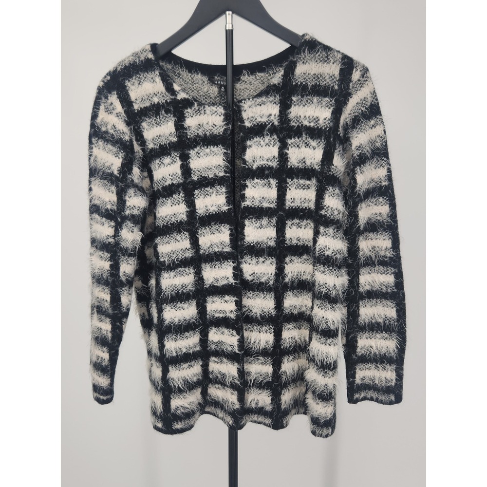 Hannah Women Black White Grid Eyelash Knit Metallic Open Front Cardigan Medium